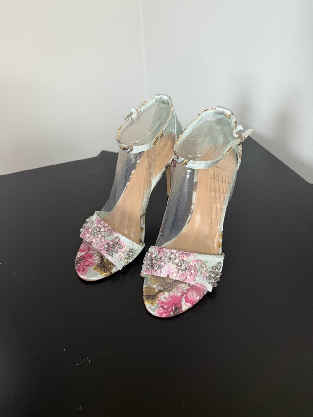 Aldo Silver Heels with Pink Floral & Crystal Accents